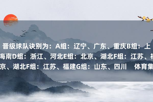 晋级球队诀别为：A组：辽宁、广东、重庆B组：上海、山西C组：陕西、海南D组：浙江、河北E组：北京、湖北F组：江苏、福建G组：山东、四川    体育集锦